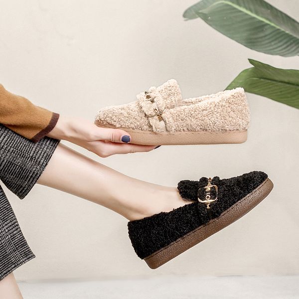 casual woman shoe female shoes round toe large size women women's moccasins slip-on loafers with fur all-match dress winter big, Black